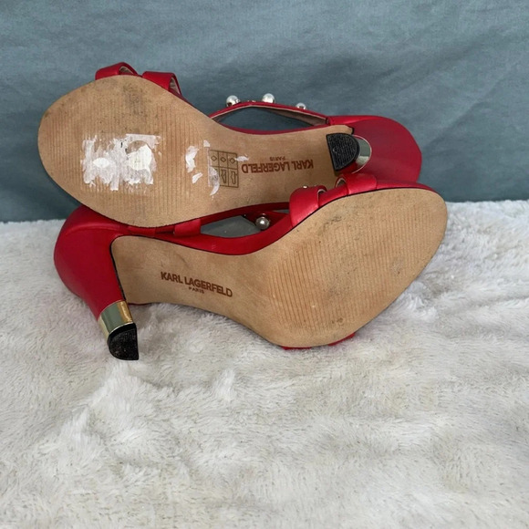 EUC Karl Lagerfeld Cedra Embellished Stilletto Red, Leather Pearl Gold Heels 5.5 - Picture 6 of 7
